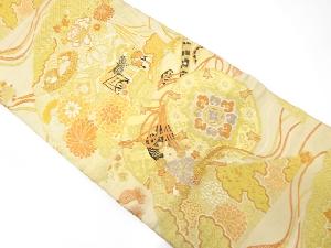 アンティーク　桧扇に古楽器・貝桶・草花模様織り出し丸帯（材料）